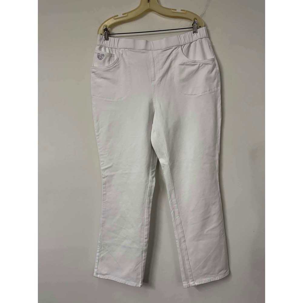 New Quacker Factory DreamJeannes Large Tall White Pull On Pants Rhinestone Heart